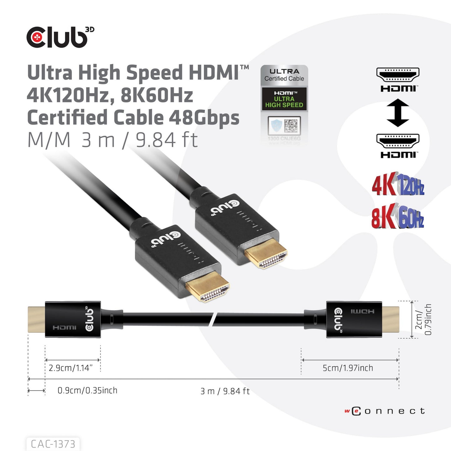 Club 3D ultra high speed hdmi 2.1 gecertificeerde kabel male-male (zwart, 3 meter, 4k 120hz, 8k 60hz, 48gbps)