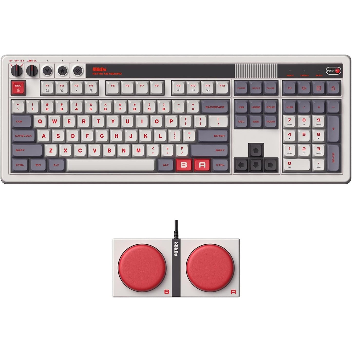 8BitDo retro mechanical keyboard n edition (grijs, us lay-out (qwerty), kailh box white, 100%, bluetooth low energy, wireless 2.4g, usb)