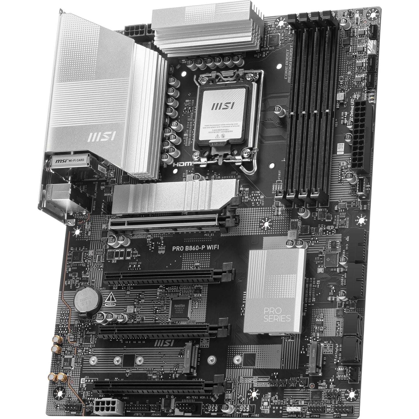 MSI pro b860-p wifi socket 1851 moederbord (zilver, raid, 5gb-lan, wi-fi 7, bt, sound, atx)