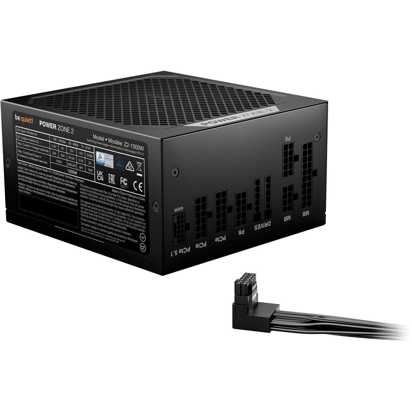 Be Quiet! power zone 2 modulaire 1000 watt voeding (zwart, 1x 12v-2x6, 3x pcie)