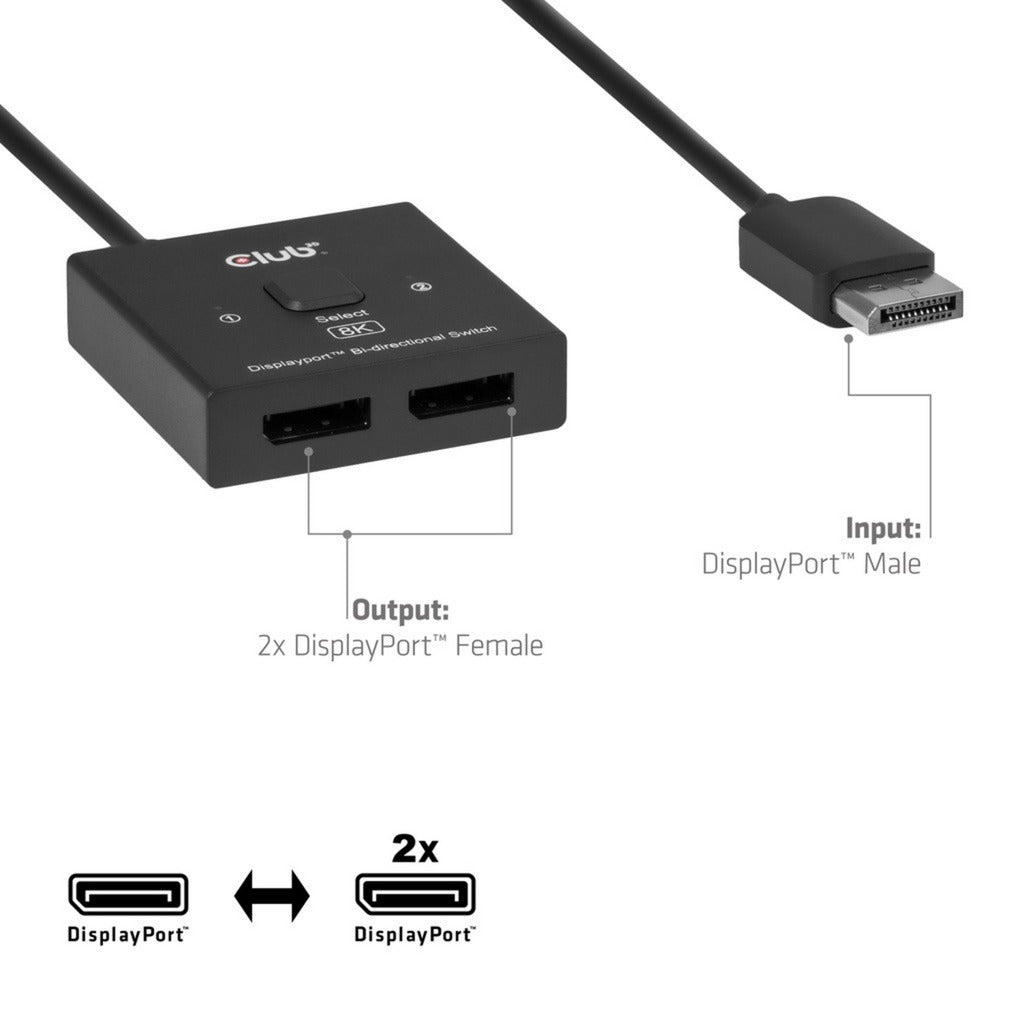Club 3D displayport 2-in-1 bidirectionele 8k switch displayport switch (zwart)