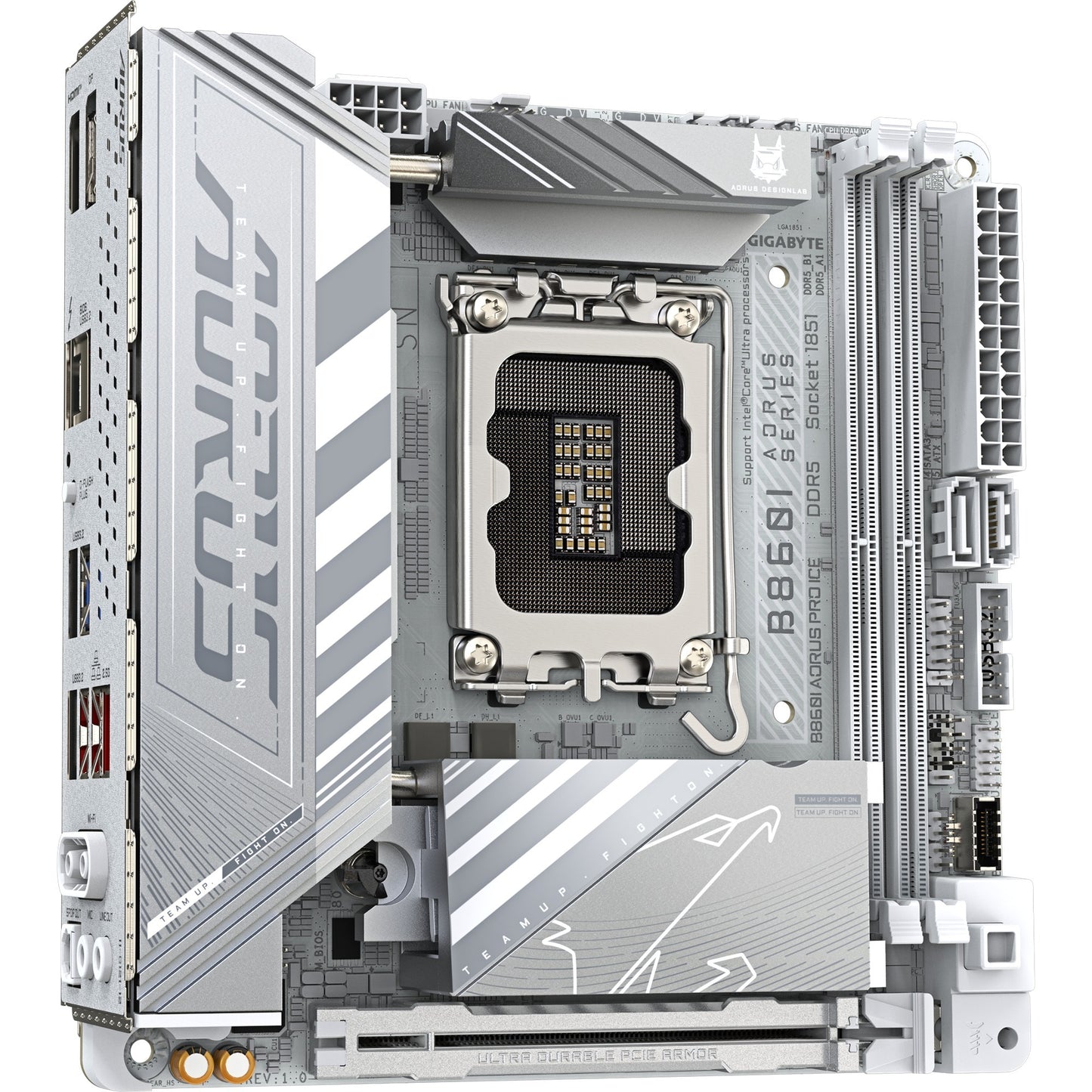 GIGABYTE b860i aorus pro ice socket 1851 moederbord (zilver, raid, 2.5gb-lan, wi-fi 7, bt, sound, mini-itx)