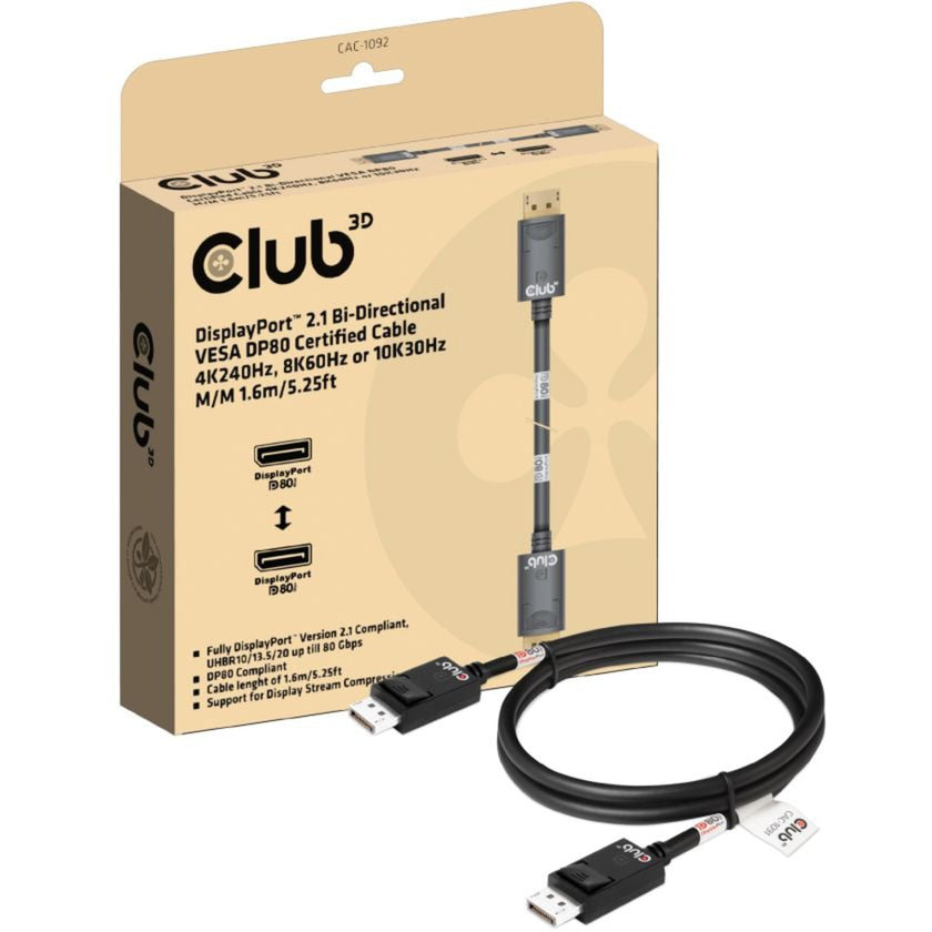 Club 3D displayport 2.1 vesa dp80 gecertificeerde kabel male-male (zwart, 1,6 meter, 8k 240hz, 10k 60hz, 80gbps)