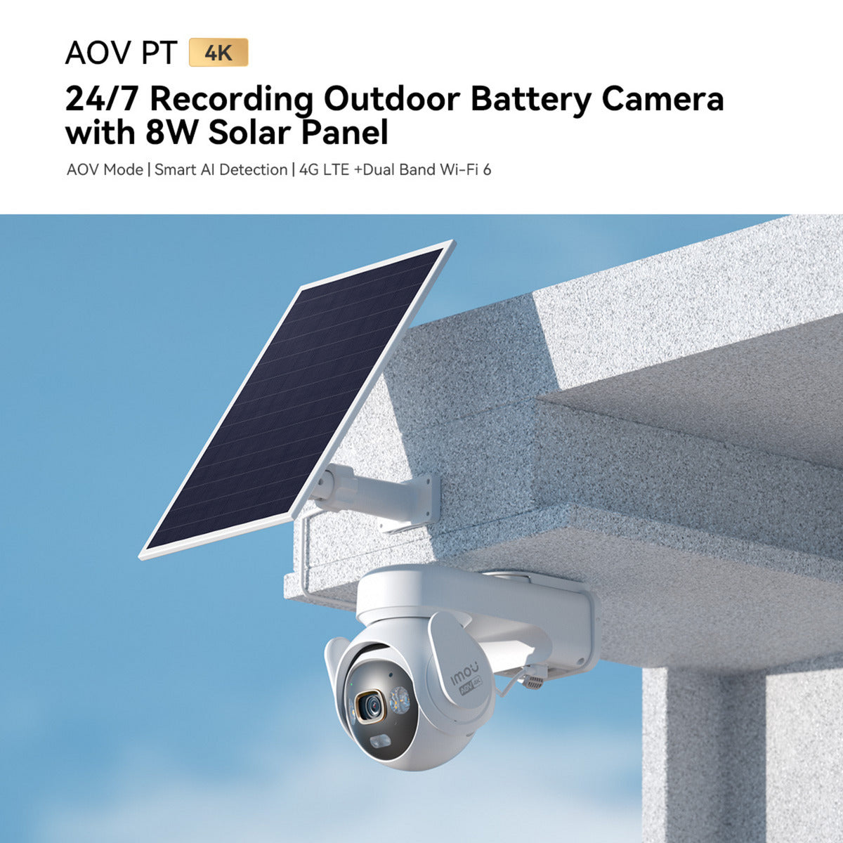 Imou AOV PT 4K Kit (wifi+4G) Simcard SD beveiligingscamera (Wit, 8 MP, WiFi 6, 4G LTE, Solar panel, AI-detectie)