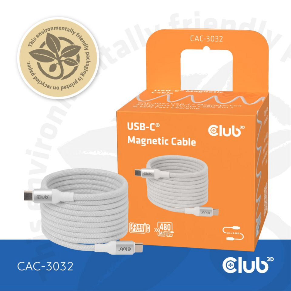 Club 3D usb-c magnetic-coil 240w pd3.1 white cable, 2 meter kabel (wit)