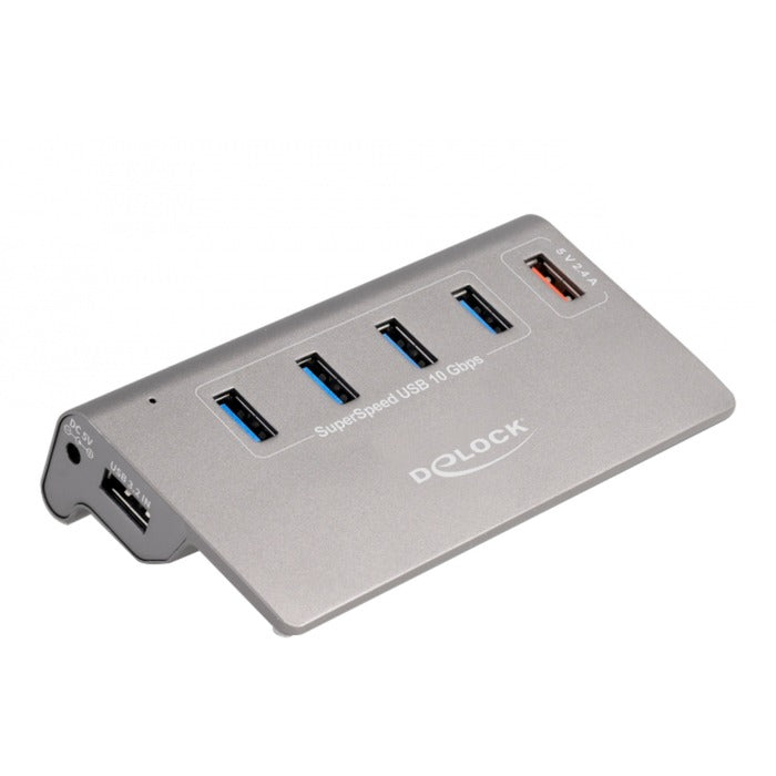 DeLOCK usb-hub 10 gbps met 4 usb-a + 1 quick charge poort (grijs, incl. voeding)
