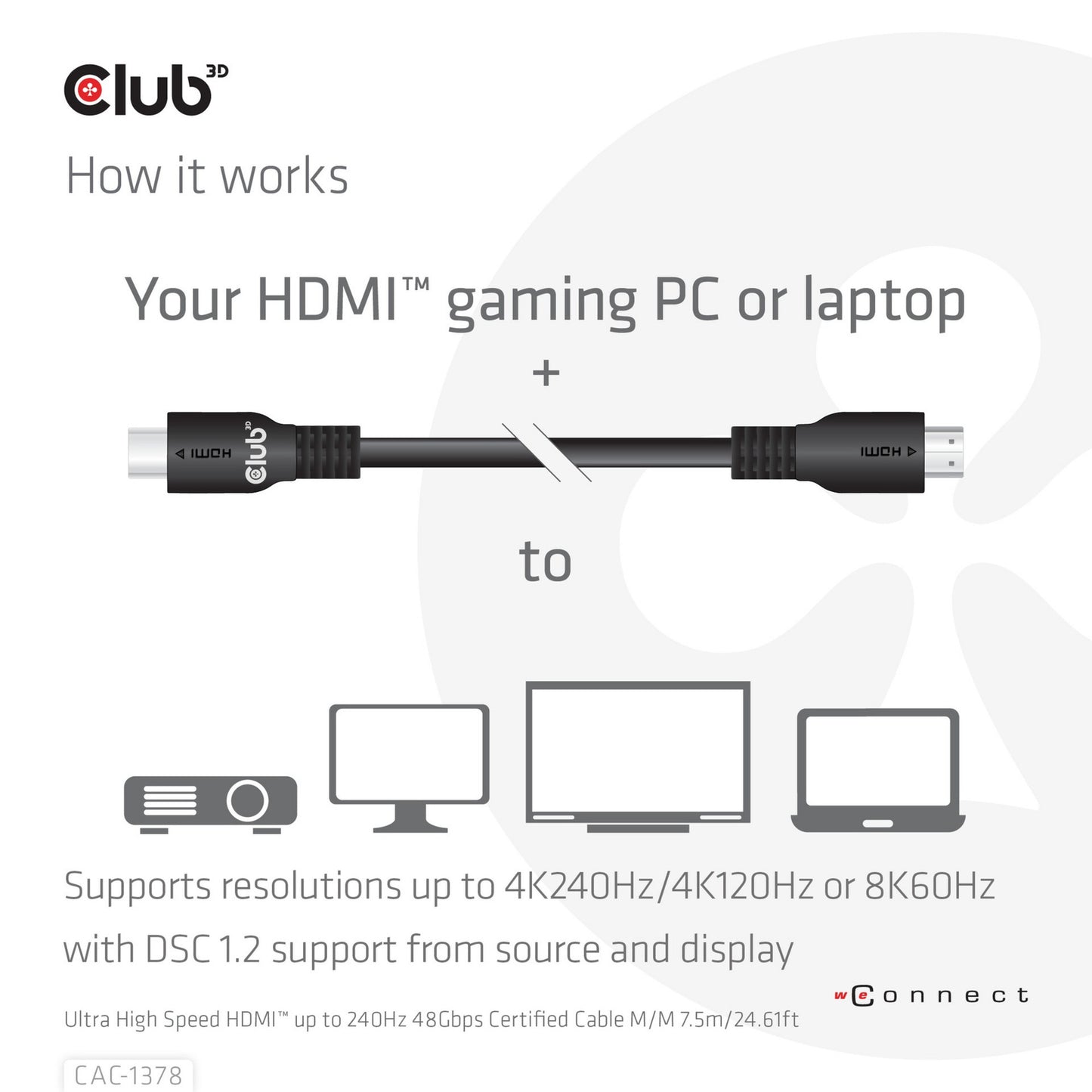 Club 3D ultra high speed hdmi 2.1 gecertificeerde kabel male-male (zwart, 7,5 meter, 4k 240hz, 8k 60hz, 48gbps)