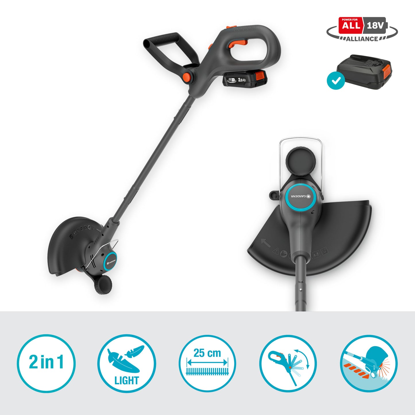 GARDENA grastrimmer easytrim 25 18v (grijs turquoise, 18v p4a accu en oplader inbegrepen)