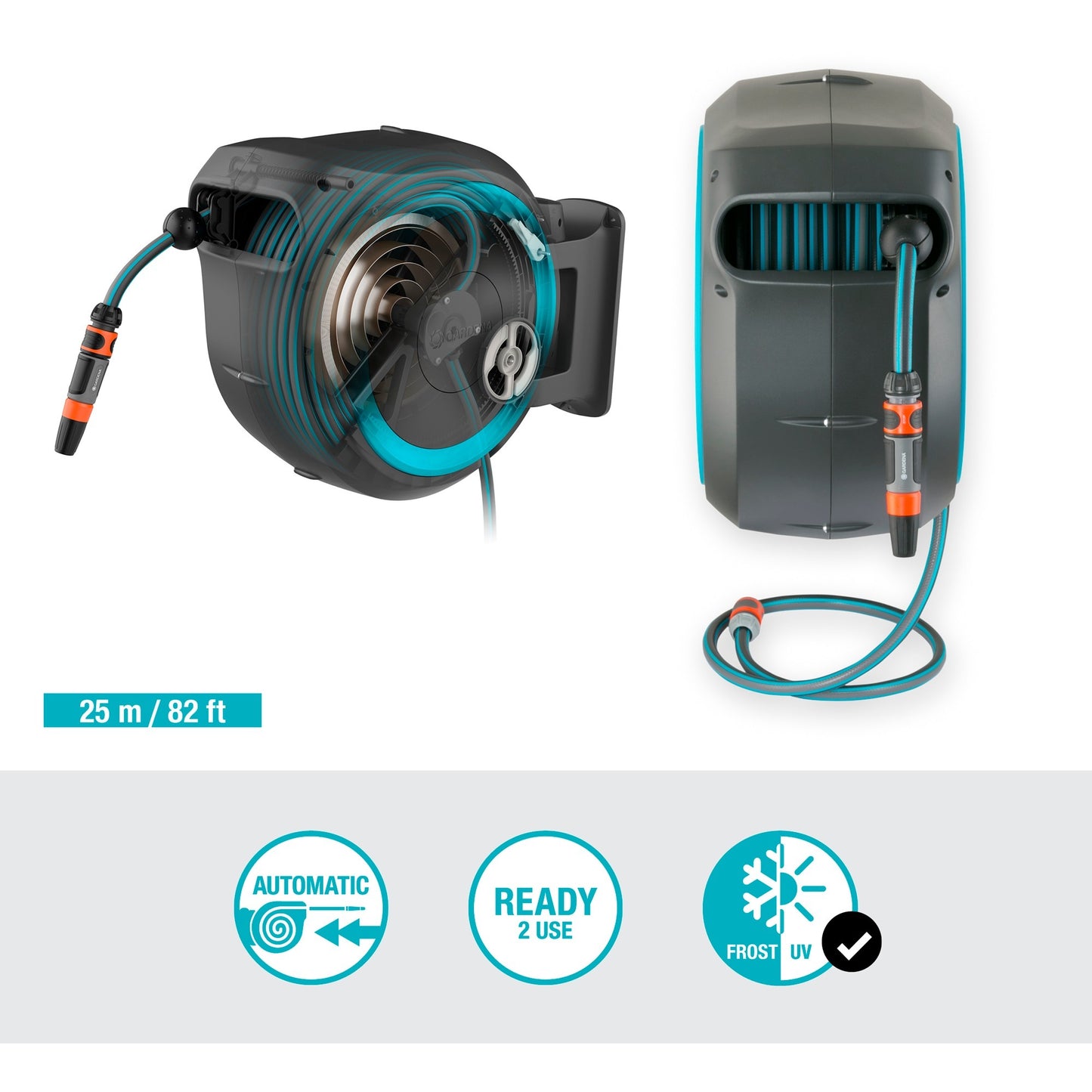 GARDENA wandslangenbox rollup m l slanghaspel (grijs turquoise, 18620-20, 25 m)