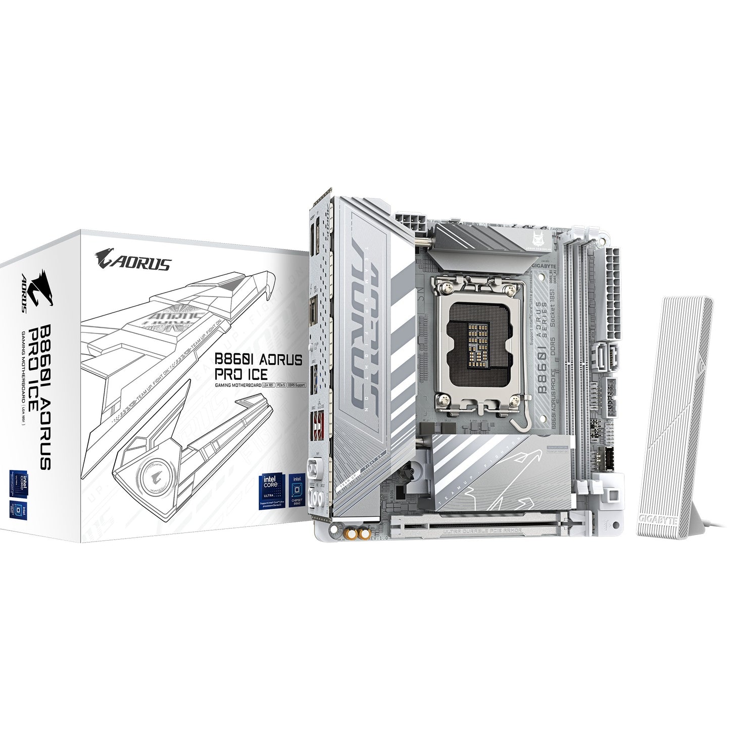 GIGABYTE b860i aorus pro ice socket 1851 moederbord (zilver, raid, 2.5gb-lan, wi-fi 7, bt, sound, mini-itx)