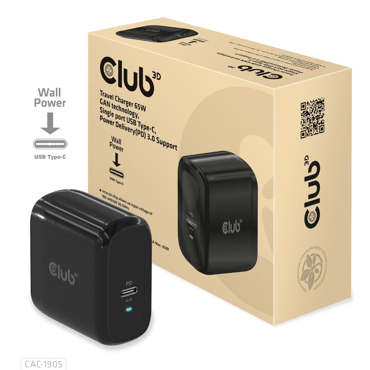 Club 3D travel charger pps 65w gan technology (zwart, usb-c, power delivery(pd) 3.0)