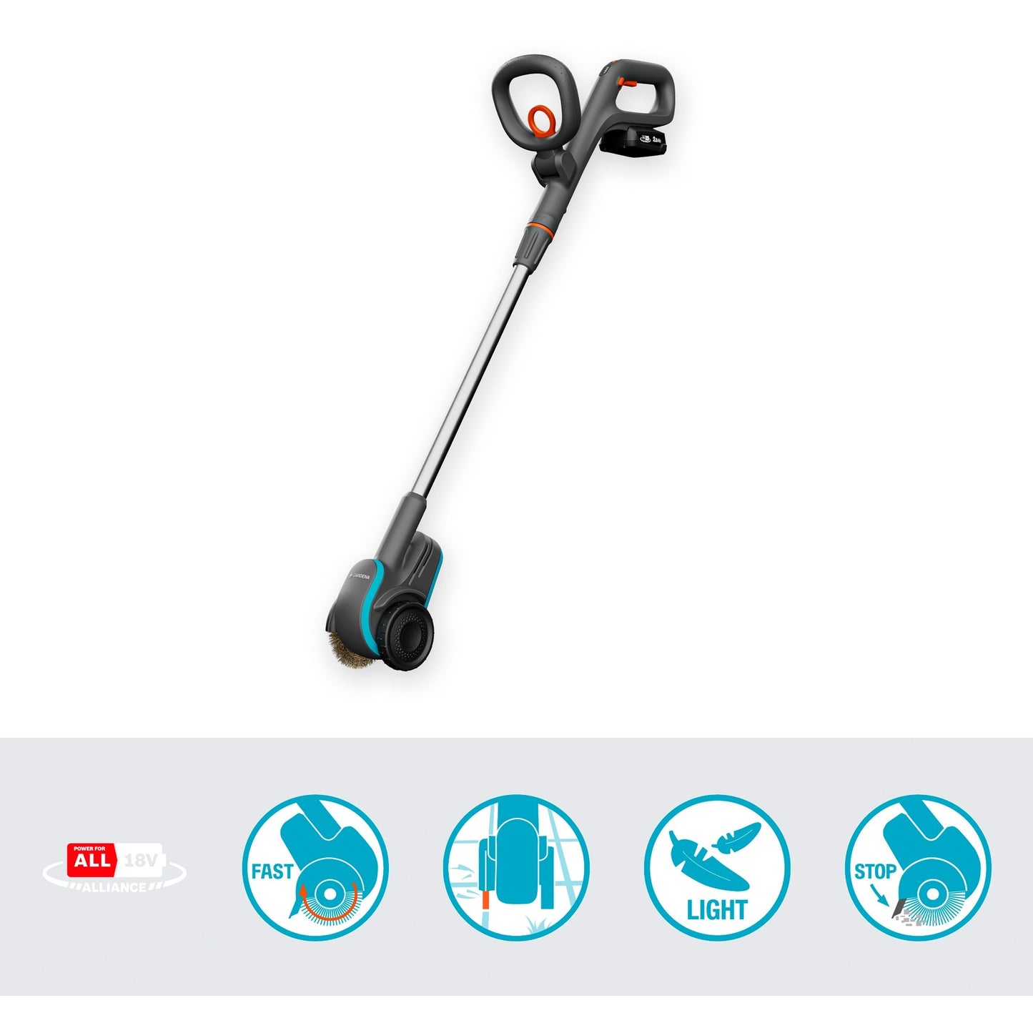 GARDENA easyweed accu-onkruidborstel 1800 18v p4a gebruiksklare set onkruidverwijderaar (grijs turquoise, accu en oplader inbegrepen, power for all alliance)
