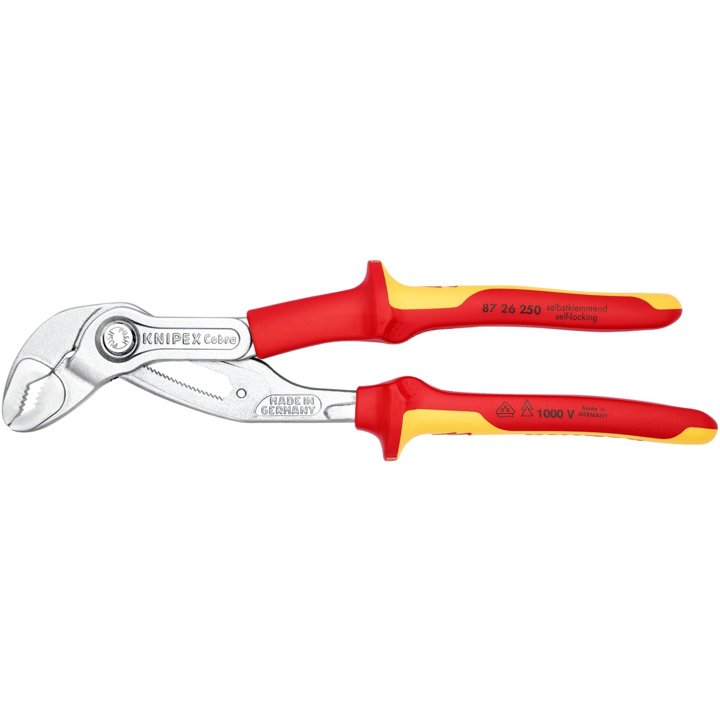 KNIPEX cobra vde hightech-waterpomptang 87 26 250 zweedse- waterpomp-tang (rood geel, getande grijpvlakken, doorgestoken scharnier )