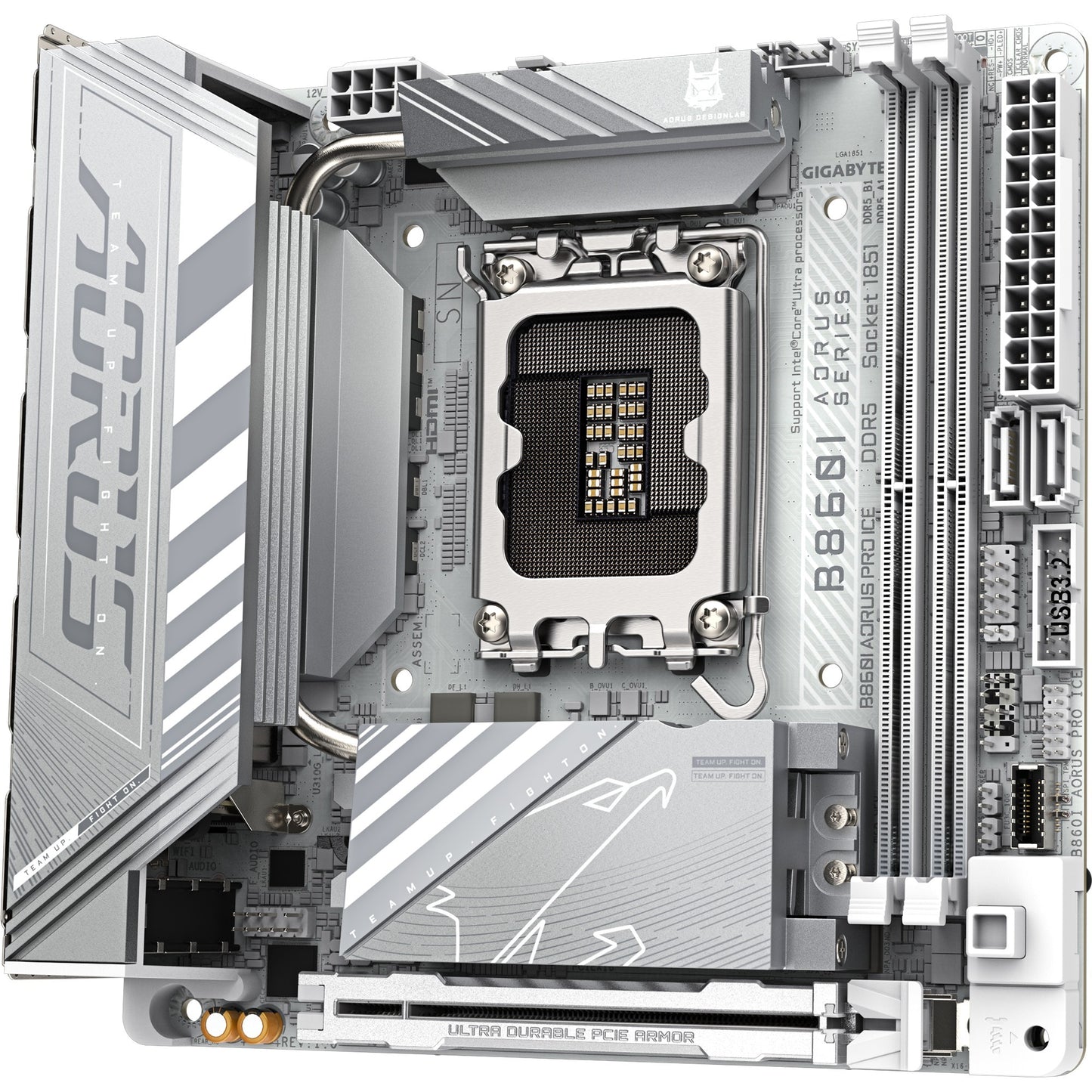 GIGABYTE b860i aorus pro ice socket 1851 moederbord (zilver, raid, 2.5gb-lan, wi-fi 7, bt, sound, mini-itx)