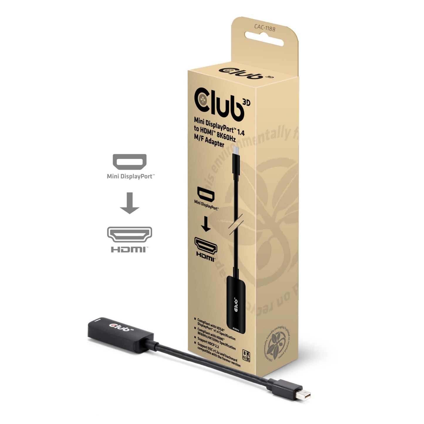 Club 3D mini displayport 1.4 naar hdmi 8k60hz m f adapter (zwart)