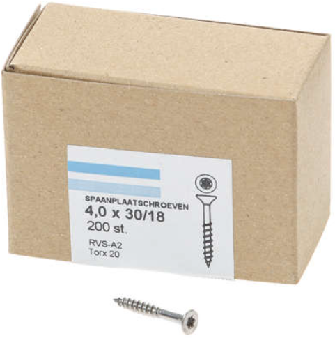 Hoenderdaal Fasteners Hoenderdaal spaanplaatschroef rvs-a2 platkop deeldraad torx tx20 4.0x30 18 | 200 stuks - 0206.30.25201