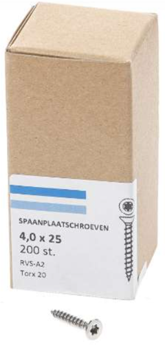 Hoenderdaal Fasteners Hoenderdaal spaanplaatschroef rvs-a2 platkop voldraad torx tx20 4.0x25 | 200 stuks - 0206.30.25103