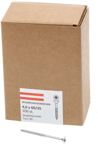 Hoenderdaal Fasteners Hoenderdaal spaanplaatschroef verzinkt platkop deeldraad torx tx20 4.0x60 35 | 200 stuks - 0206.01.26001