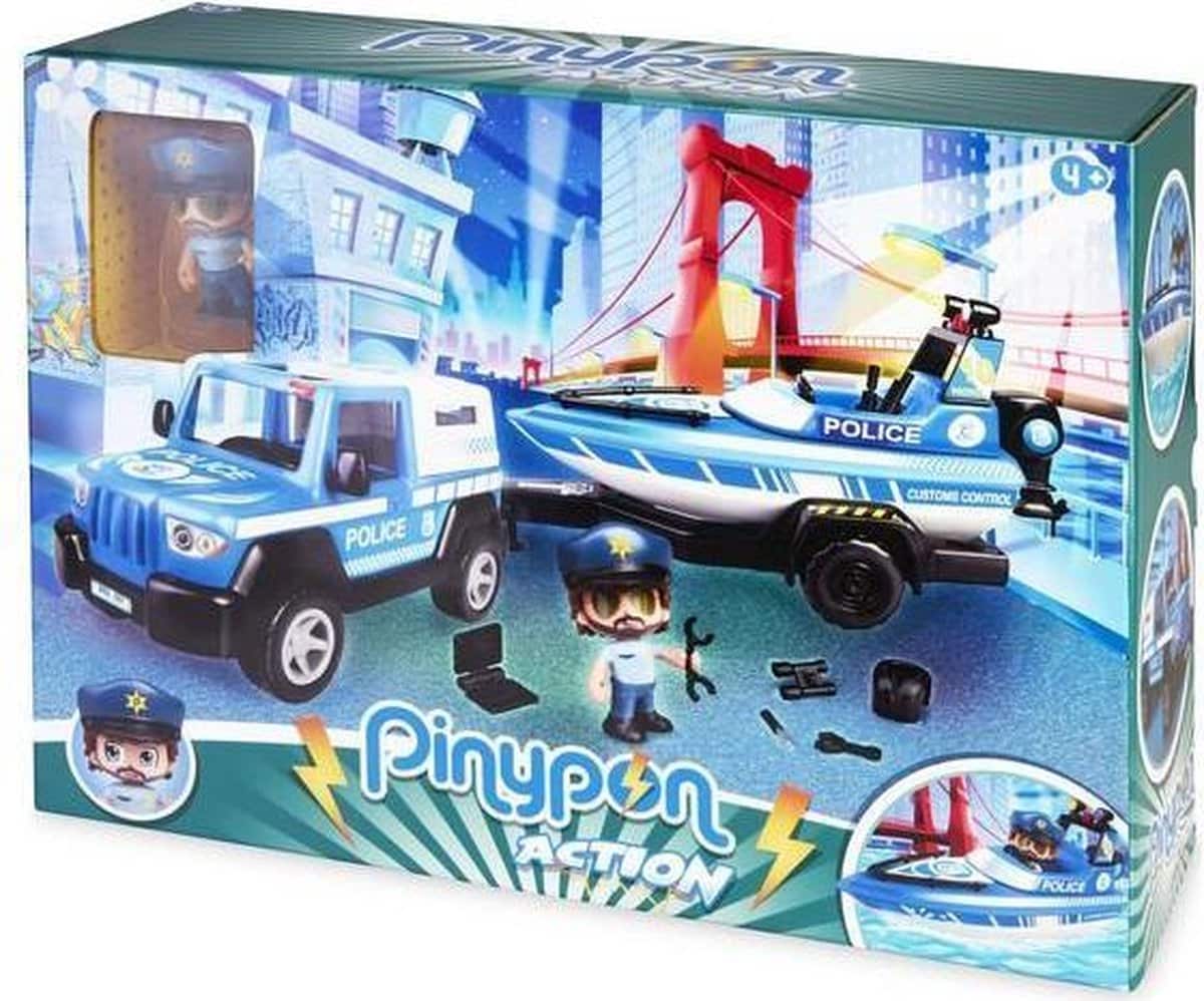 Famosa Pinypon - politiewagen met trailer, boot en speelfiguur