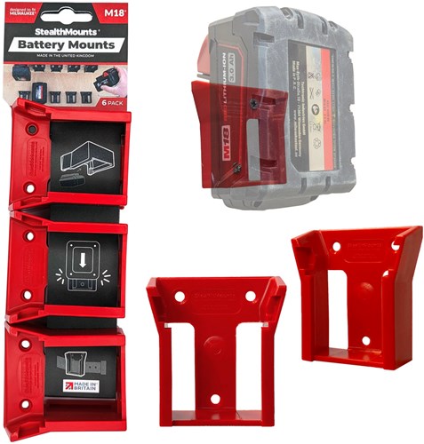 StealthMounts batterijhouders voor milwaukee m18 18v | rood | 6 stuks - bm-mw18-red-6